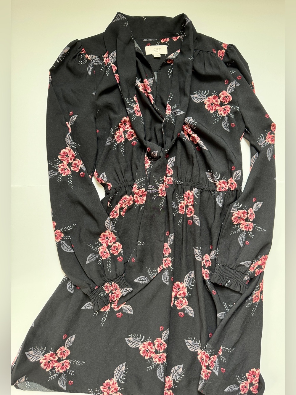 LOFT Outlet Black Pink Floral Tie Neck Smocked Waist Dress Size XS